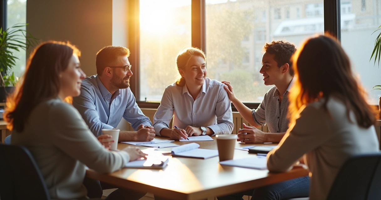 Líder sentado à mesa interagindo com equipe de forma acolhedora 