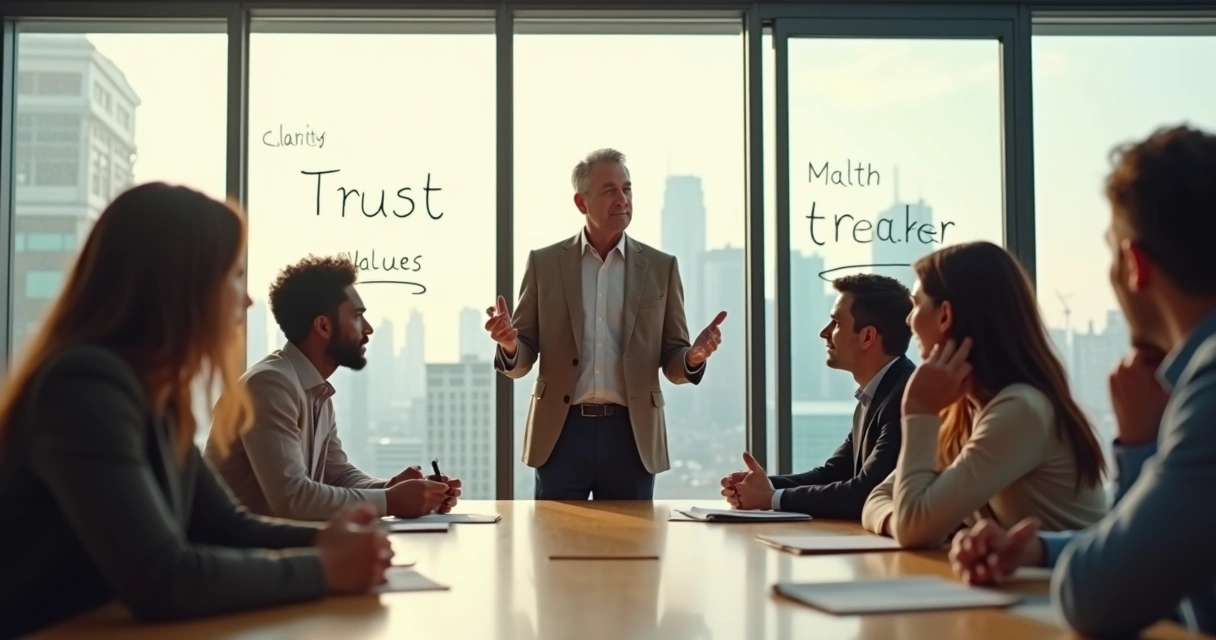 Líder falando a equipe com linguagem corporal alinhada e confiante 