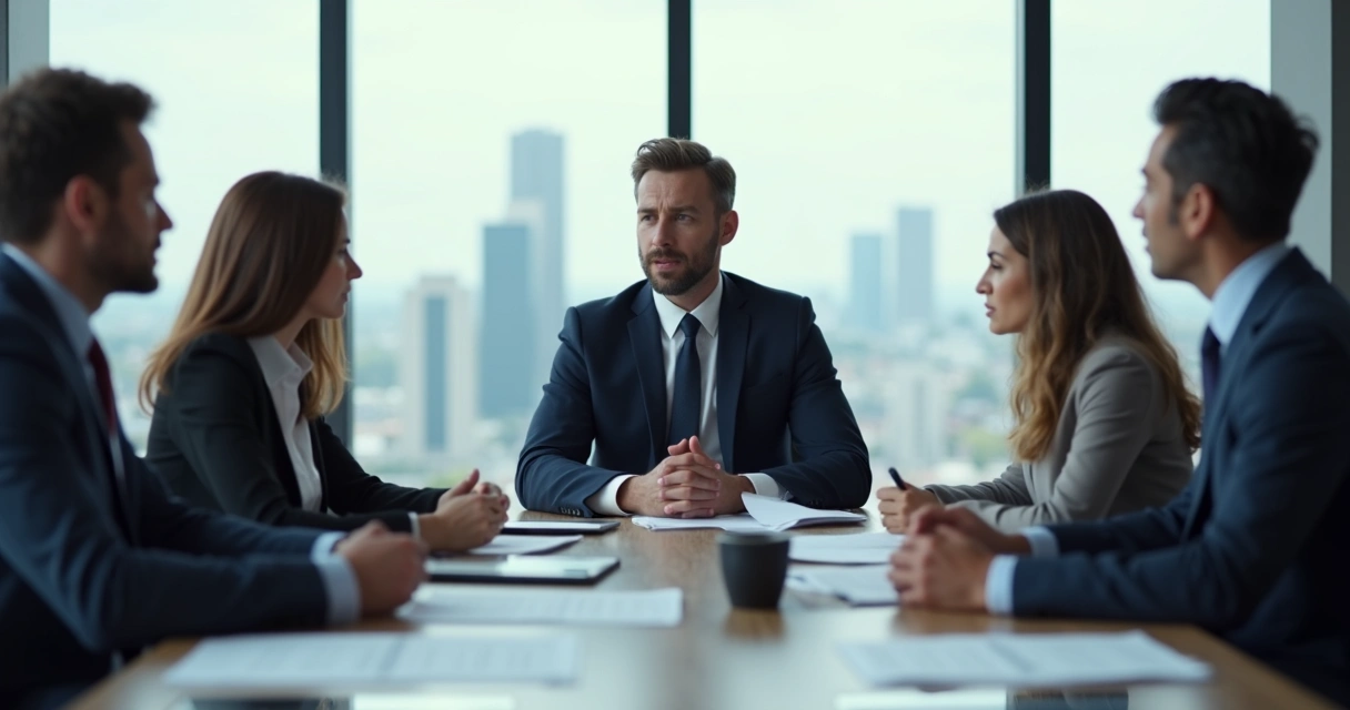 Líder em mesa de reunião falando para equipe preocupada