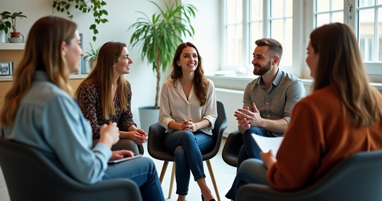 Pessoas de diferentes idades conversando em roda, trocando olhares atentos e ouvindo com atenção.