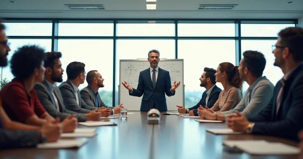 Líder interagindo com equipe durante reunião