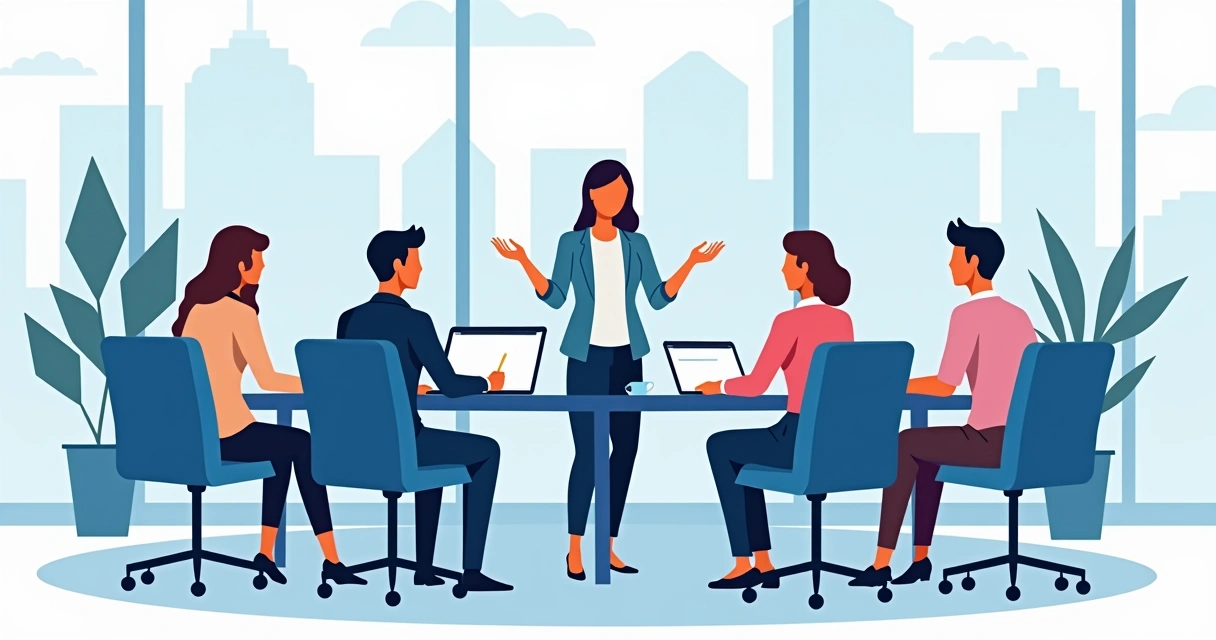 Pessoa liderando reunião em mesa com equipes discutindo