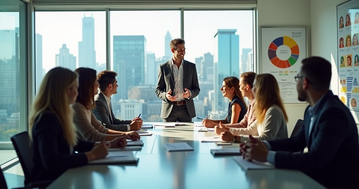 Gestor conduzindo reunião com equipe diversificada em sala moderna 