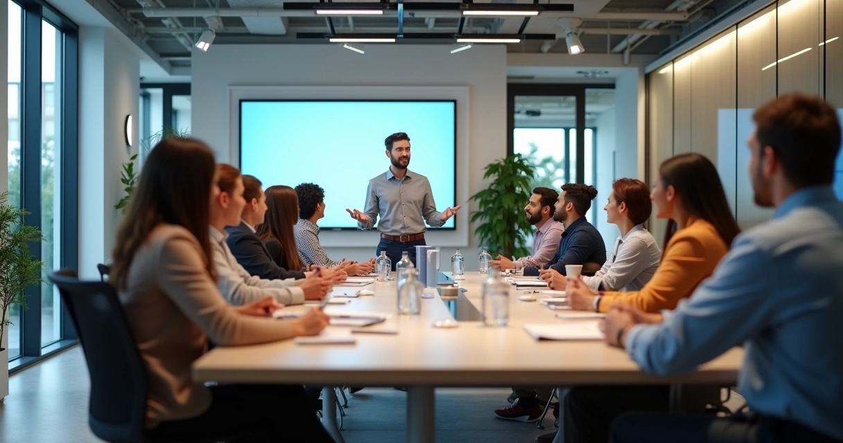 Gestor falando com equipe reunida em sala de reuniões 