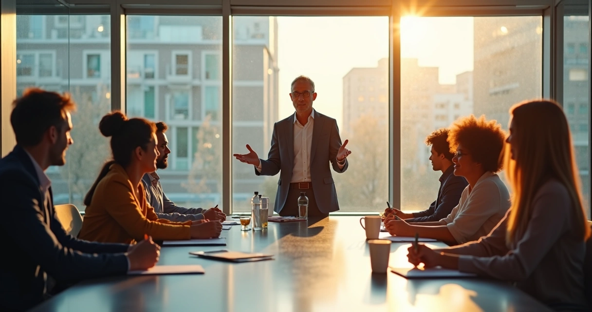 Líder de pé, conversando com equipe diversificada em sala moderna 