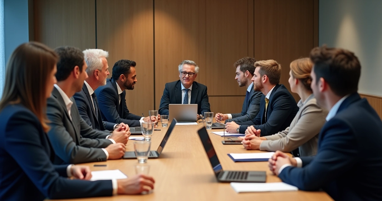 Líder ouvindo atentamente em uma reunião com colegas ao redor de uma mesa 