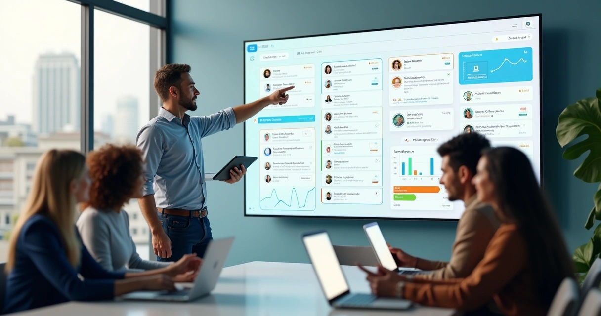 Líder de equipe analisando painel digital de comunicação interna 