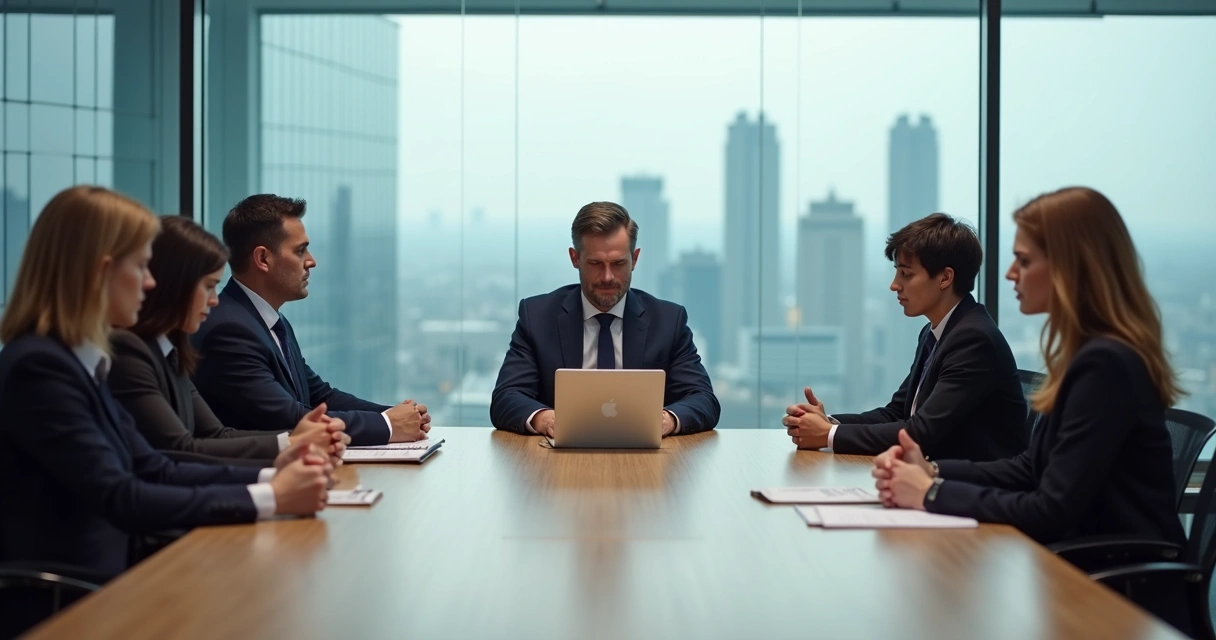 Líder em reunião corporativa demonstrando falhas na comunicação não verbal com a equipe 