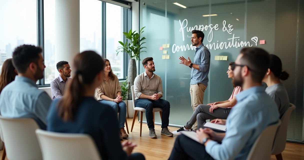 Líder falando com equipe em roda em sala de reunião clara 