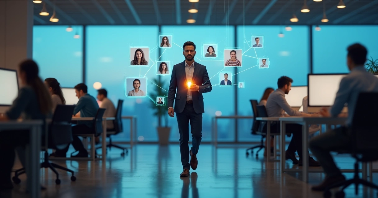 Líder caminhando entre linhas conectando pessoas em telas digitais 