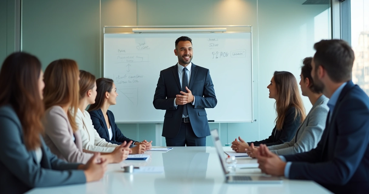 Líder em sala de reunião comunicando-se com equipe de forma clara