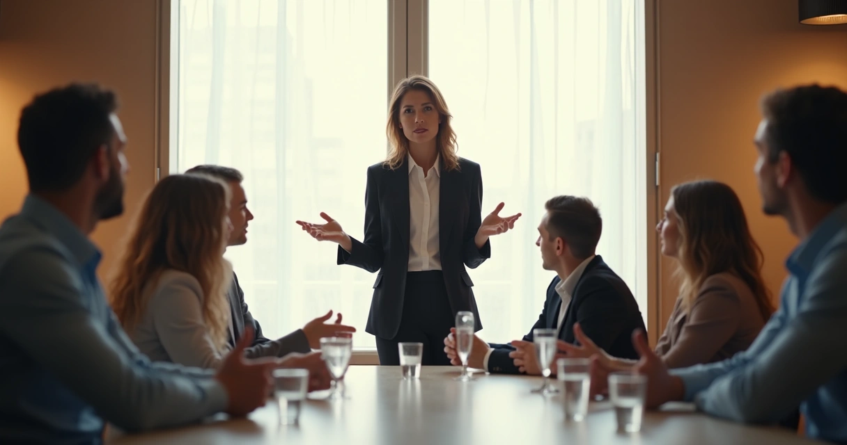 Persona liderando reunión de trabajo con enfoque en la comunicación emocional. 