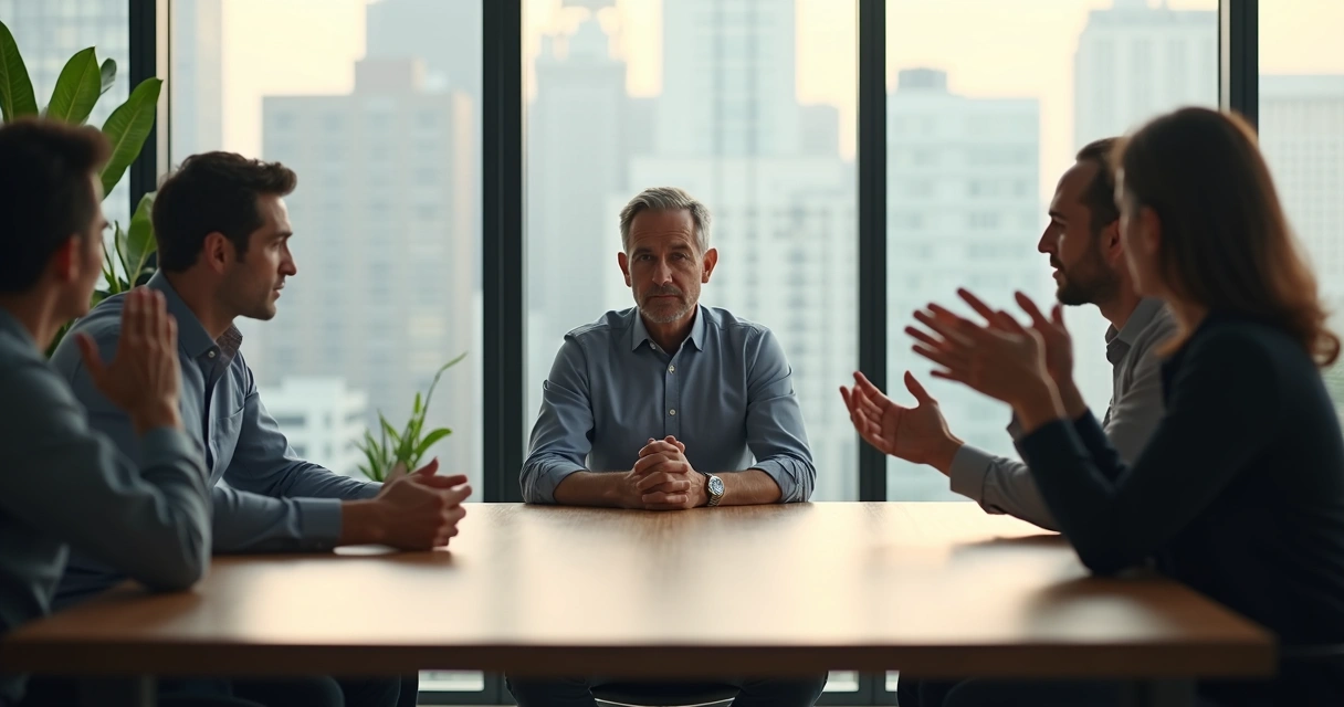 Líder escuchando con calma en una reunión mientras el equipo debate 