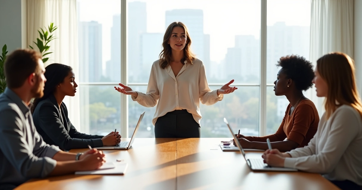 Líder hablando a un equipo usando lenguaje corporal abierto 