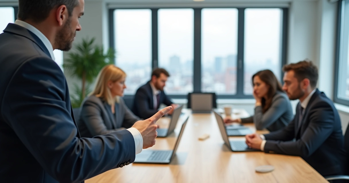 Persona en oficina señalando enfadado mientras colegas observan tensos 