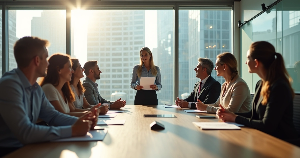 Líder hablando con su equipo en una sala clara y moderna