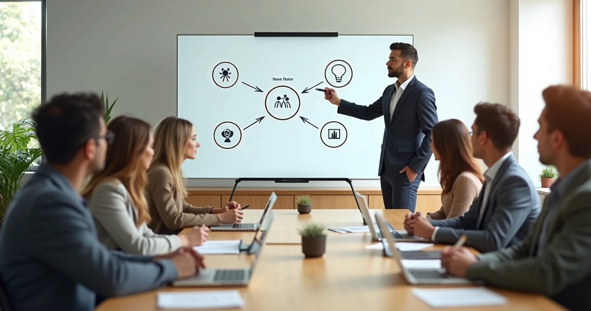 Líder explicando un esquema de comunicación con su equipo en una sala de reuniones moderna 