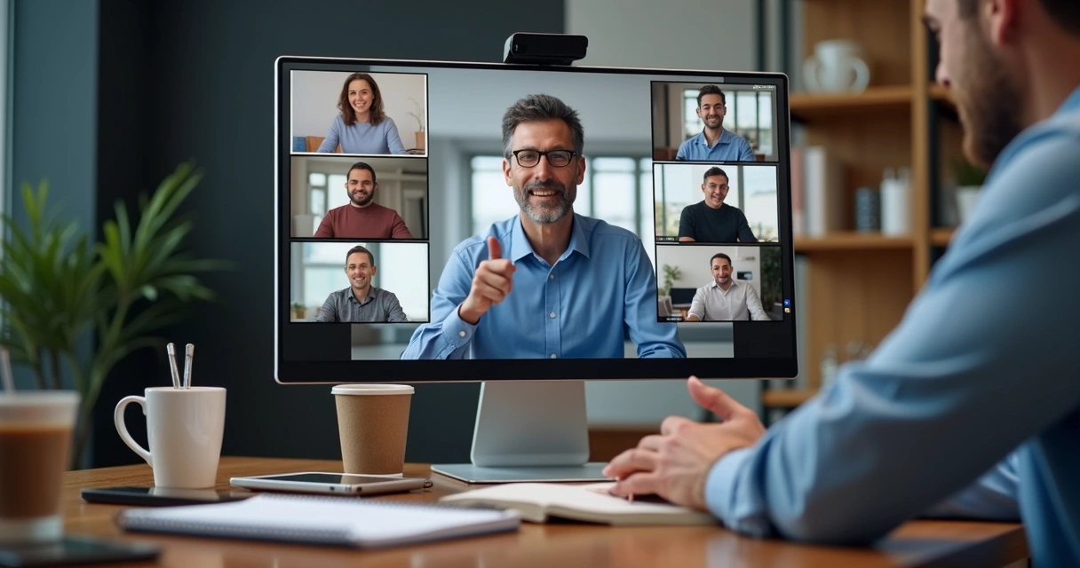 Persona liderando una videollamada grupal en una mesa de trabajo virtual 
