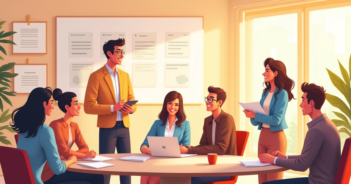 Líder conversando com equipe em ambiente corporativo amistoso 