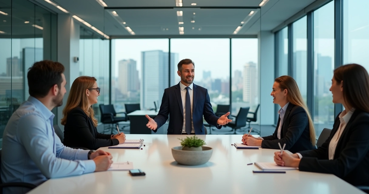 Líder em sala de reunião explicando decisão para equipe atenta 