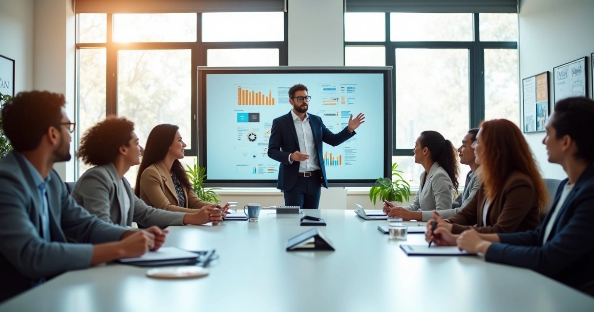 Líder apresentando ideias para equipe durante reunião 