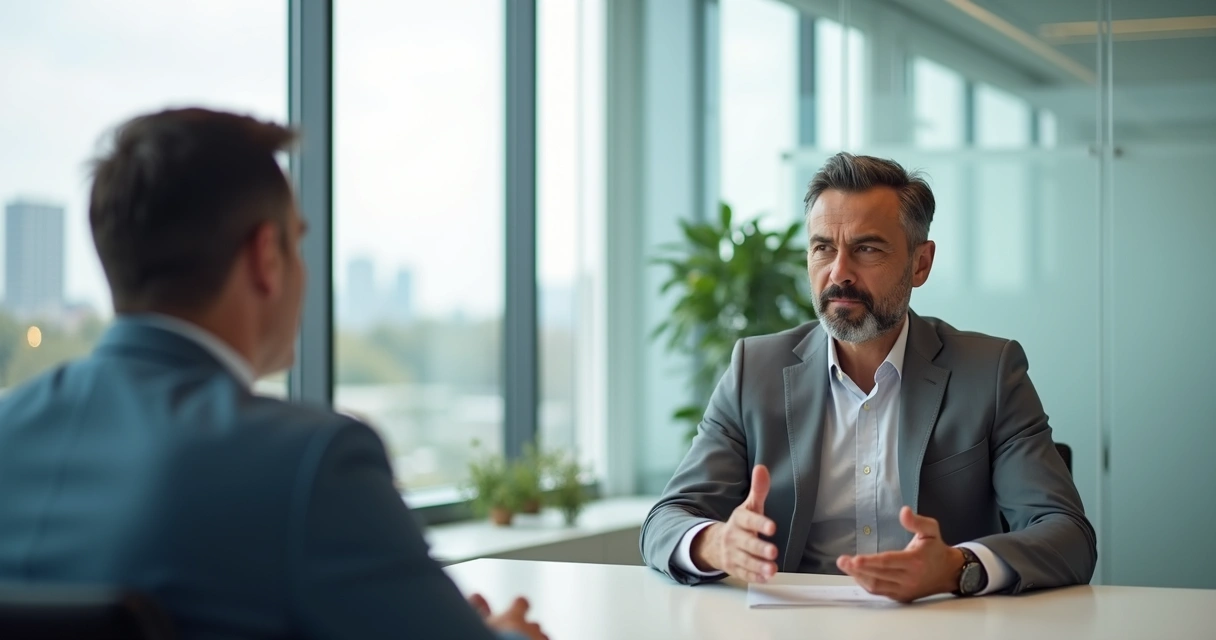 Líder conversando con otra persona marcando límites con calma en una sala de reuniones moderna 