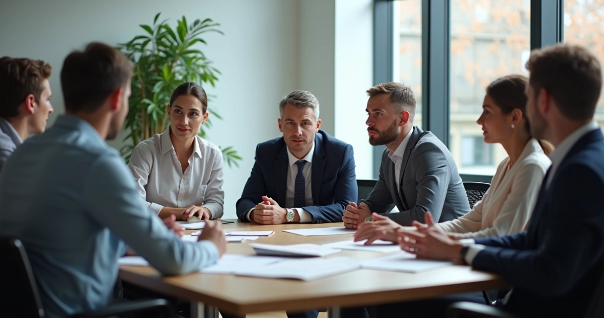 Líder em reunião com equipe pequena, gesticulando e ouvindo ativamente, rostos atentos 