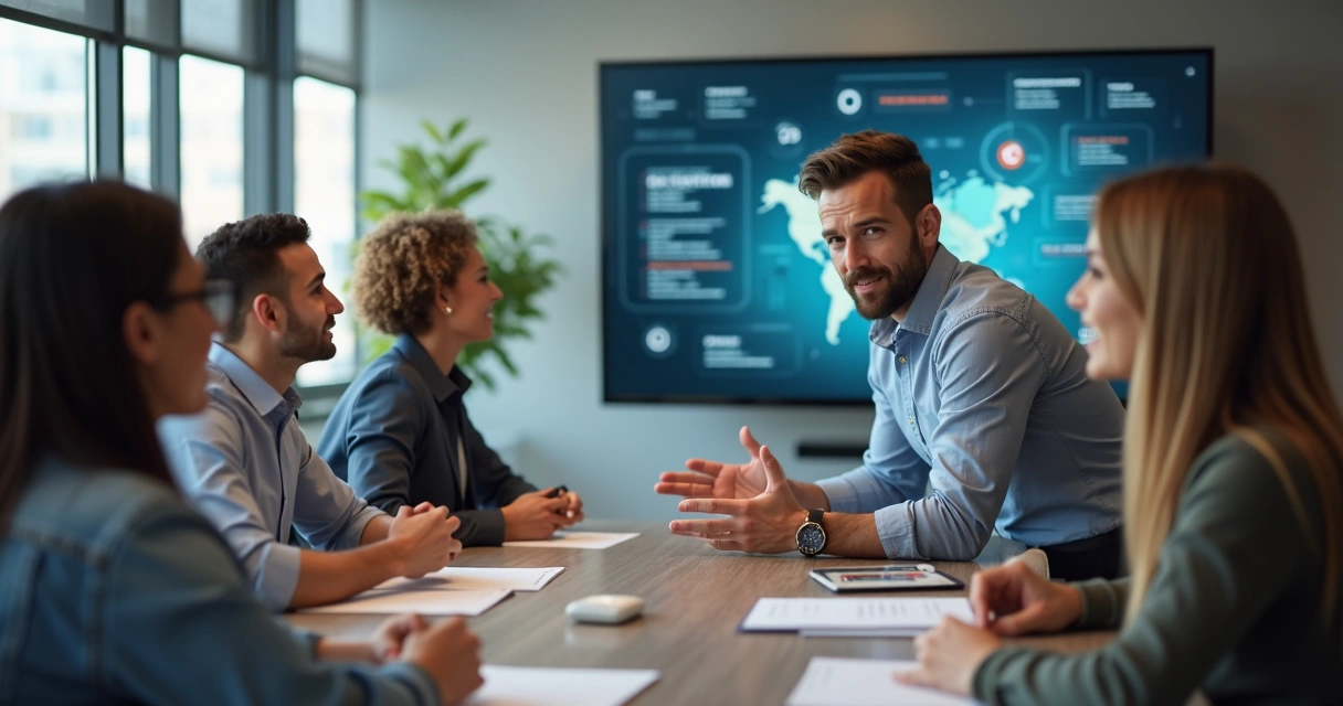 Líder conversando com sua equipe em reunião 