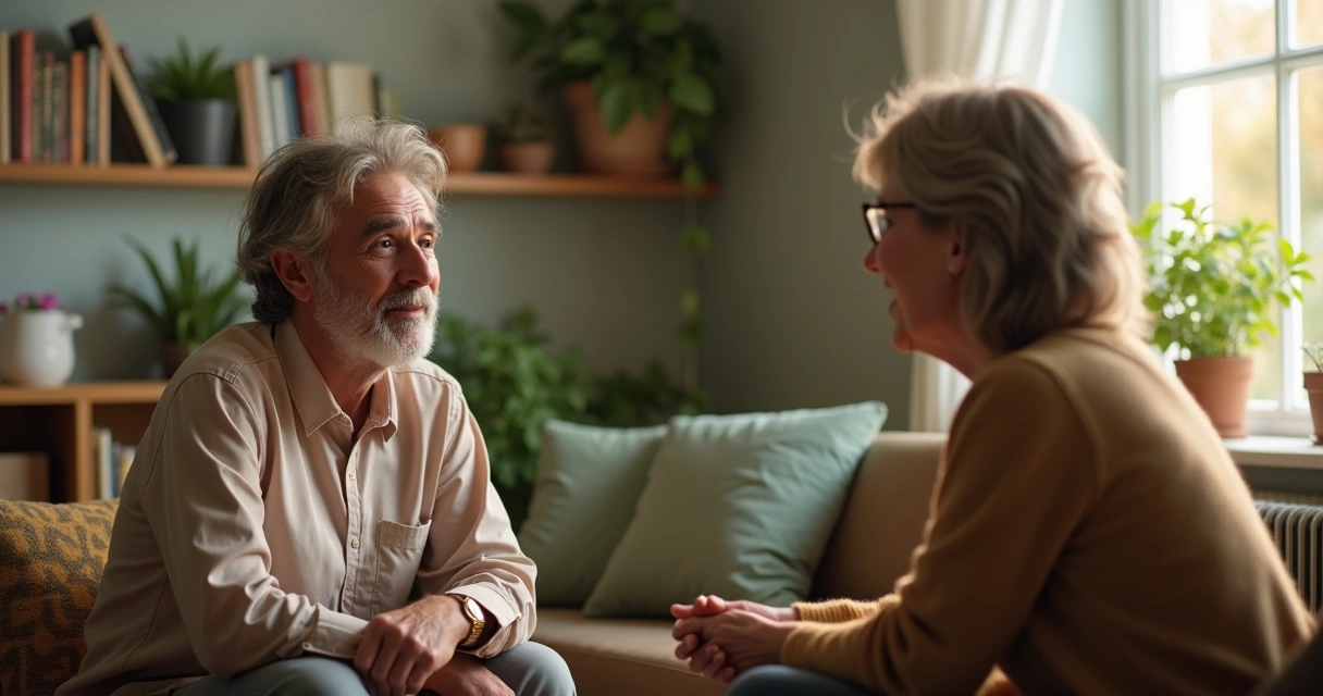 Líder social escuta participante em conversa acolhedora, ambiente comunitário 