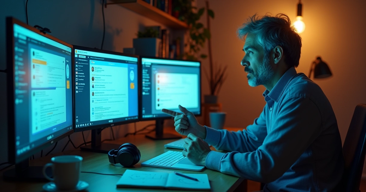 Líder de comunidade digital diante de múltiplas telas equilibrando emoções e conexões online 