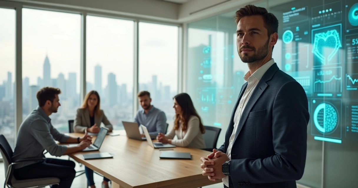 Líder observando un equipo diverso con gráficos futuristas de 2026 al fondo 
