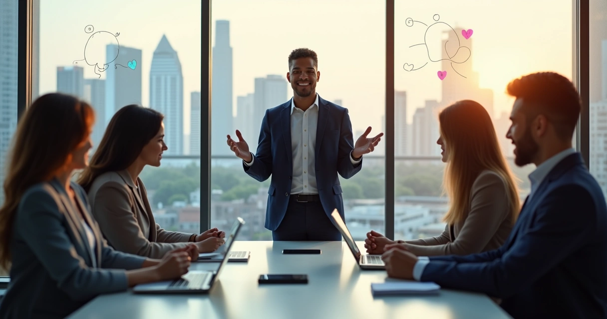 Líder tranquilo guiando reunión con equipo diverso en sala moderna 