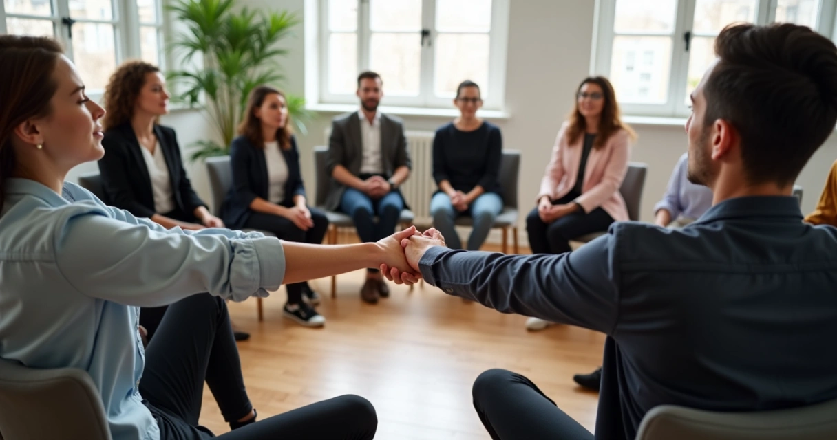 Grupo de pessoas em círculo, olhos fechados, mãos dadas, luz natural ao centro do grupo 