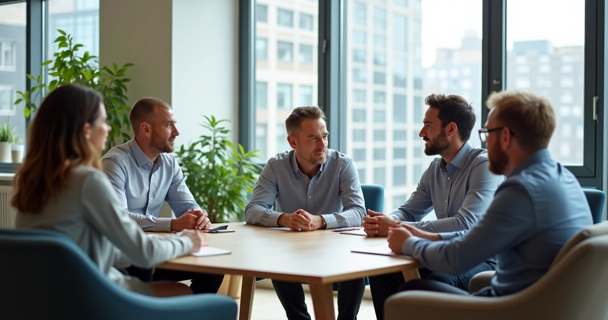 Líder conversando com equipe em círculo em uma sala de reunião moderna 