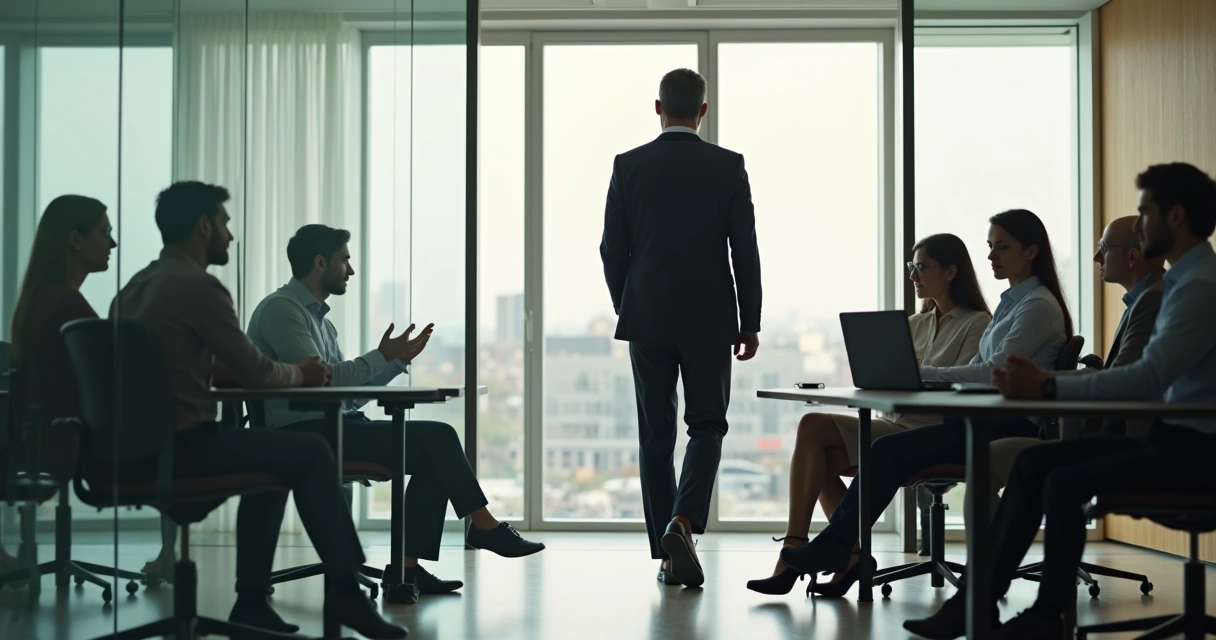 Pessoa em posição de liderança caminhando confiante em sala de reunião 