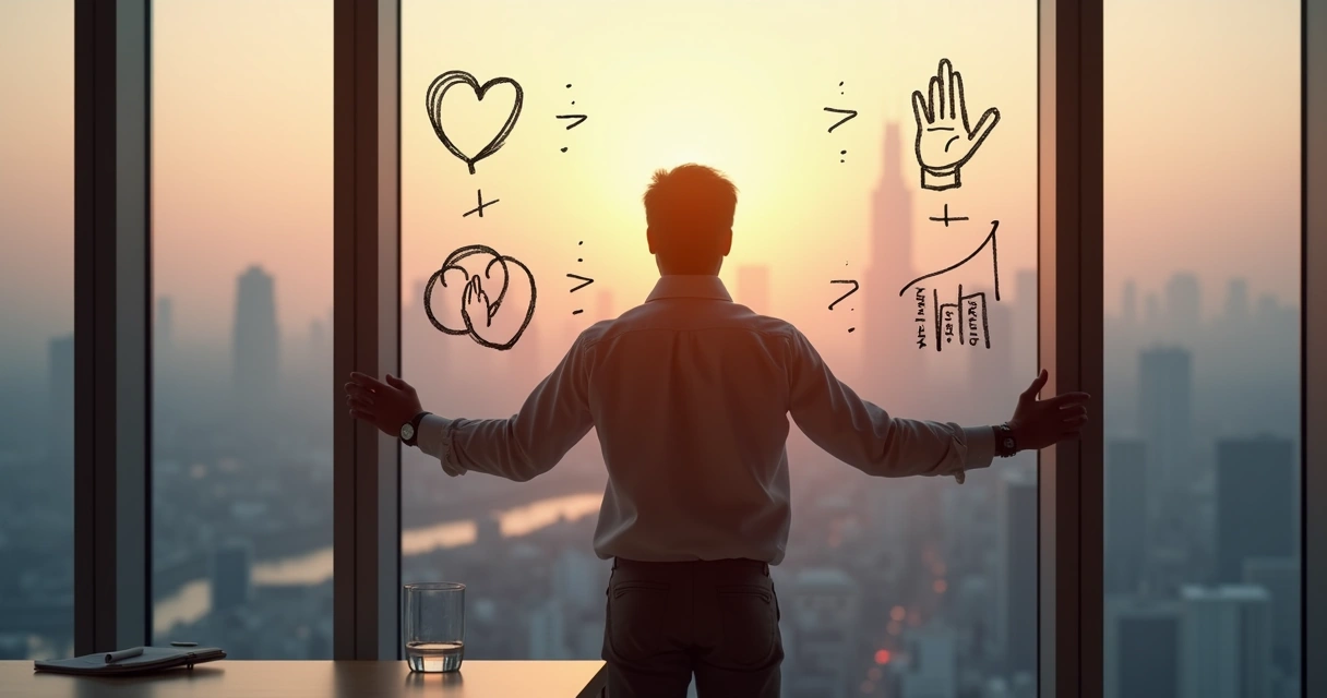 Líder observando la ciudad al amanecer frente a un cristal con diagramas dibujados a mano 