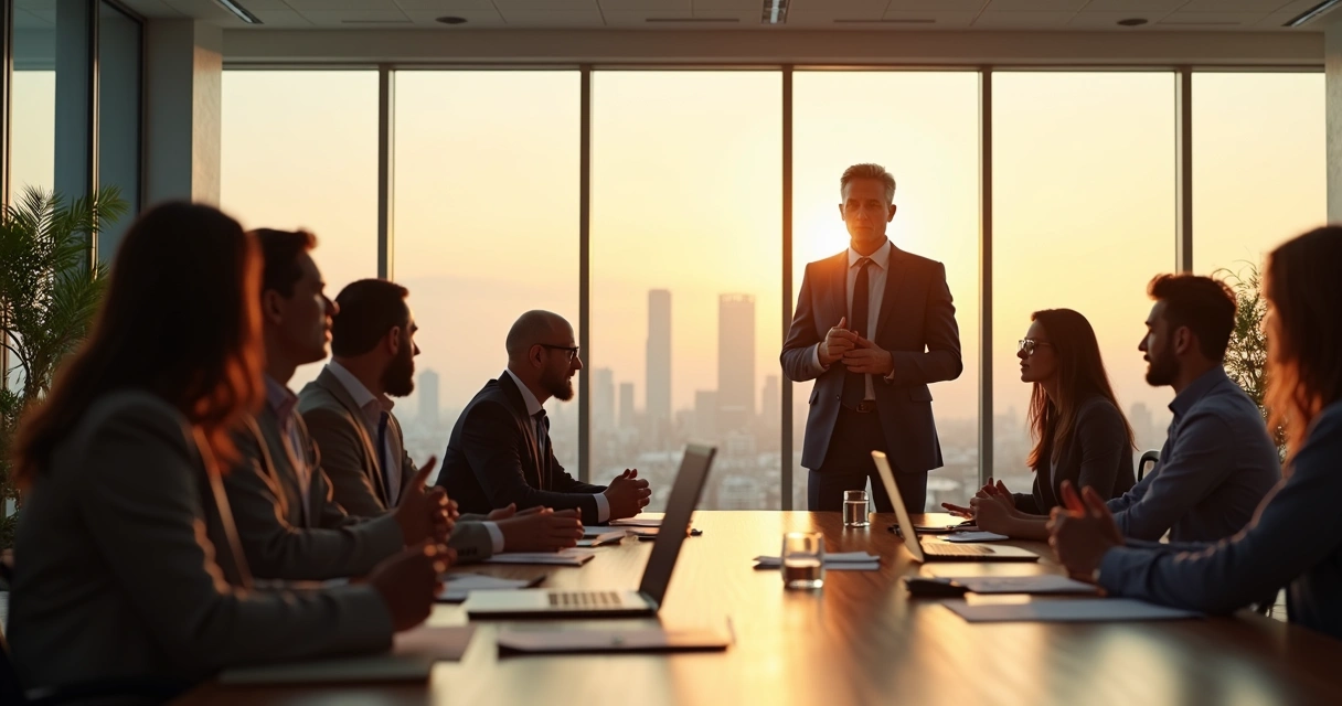 Líder em reunião tensa com reflexo sereno em parede de vidro 