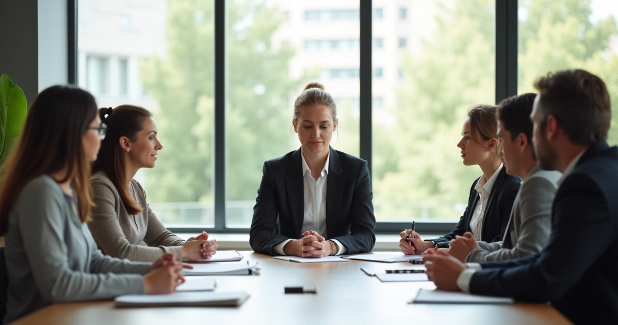 Pessoa em reunião de trabalho com expressão serena olhando para colegas