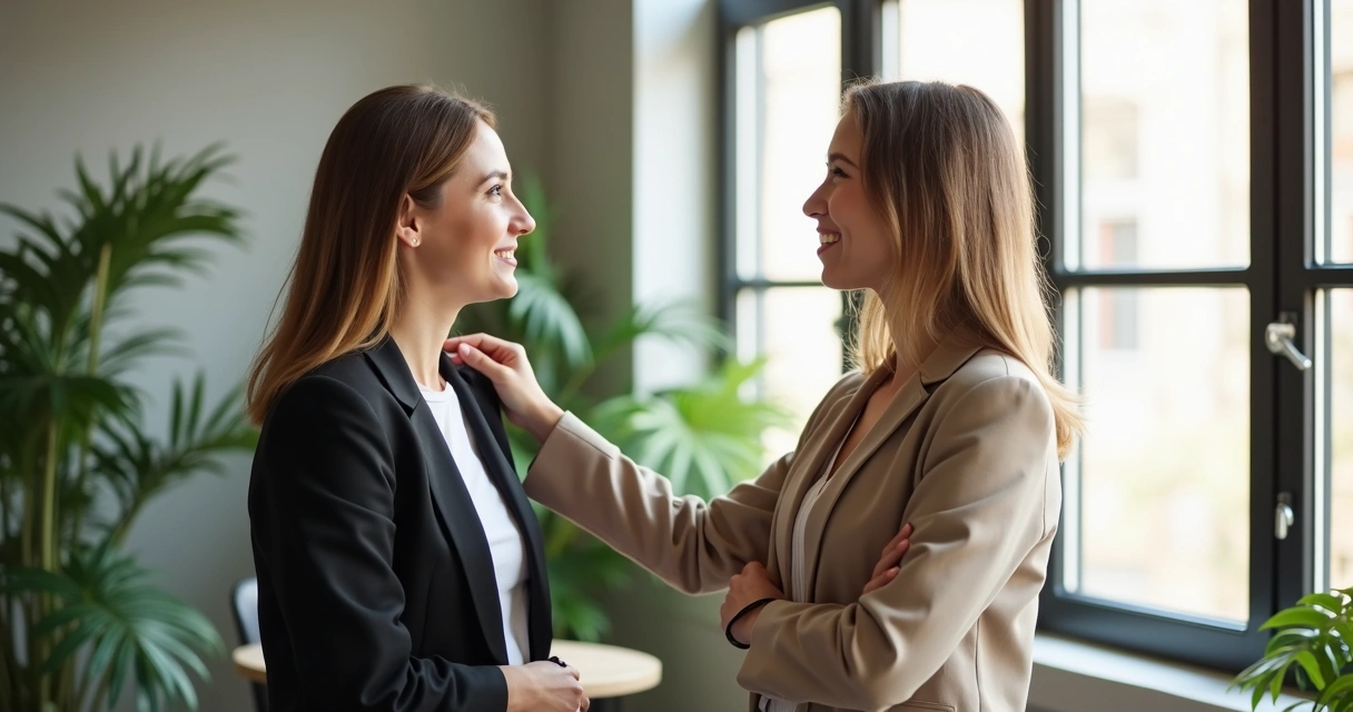 Líder apoiando colega, ambos em ambiente de trabalho, mostrando empatia. 
