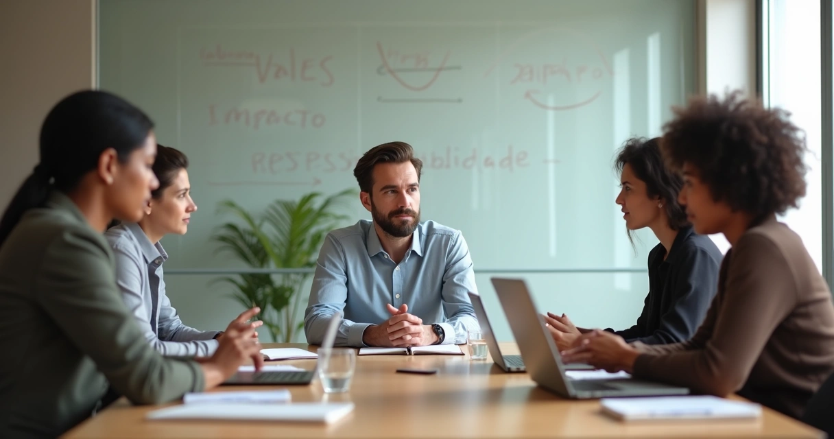 Líder em reunião guiando equipe com presença e escuta atenta 
