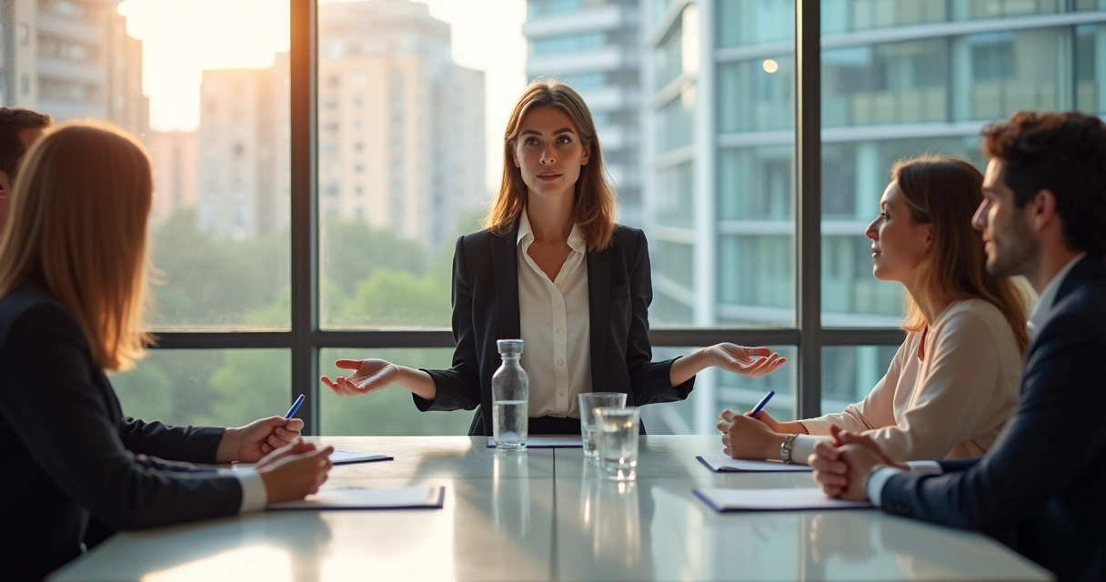 Mulher liderando reunião, demonstrando equilíbrio e liderança consciente 