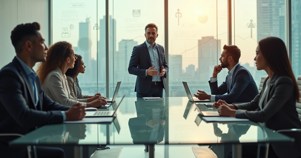 Líder consciente guiando equipe em ambiente corporativo moderno 