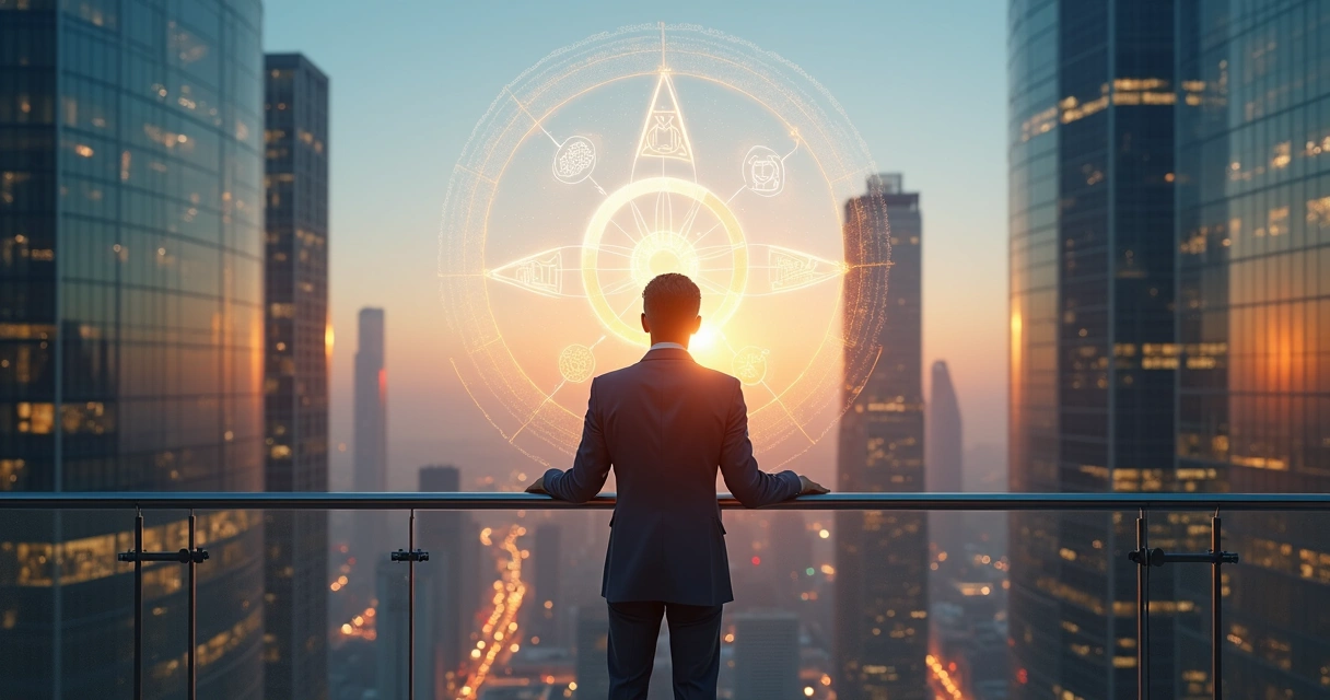 Líder refletindo diante de cidade futurista equilibrando ética e impacto humano 