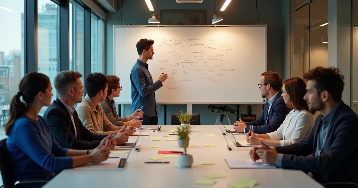 Pessoas em uma mesa de reunião olhando para um líder que faz anotação em um quadro branco