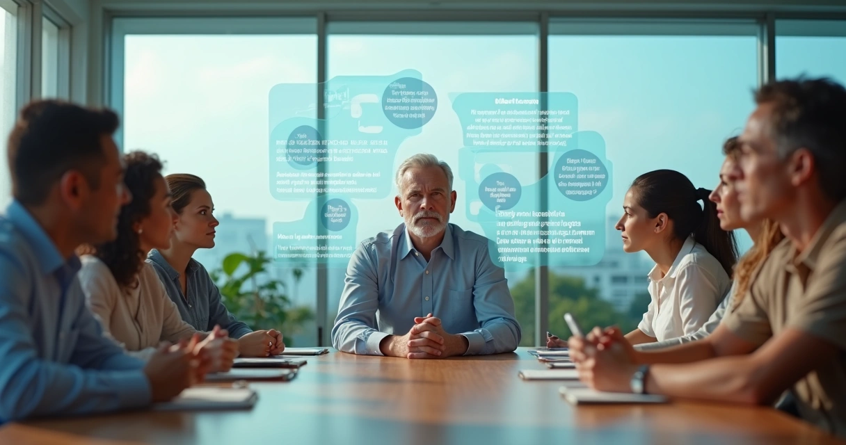 Líder em mesa de reunião cercado por perguntas em painéis luminosos 
