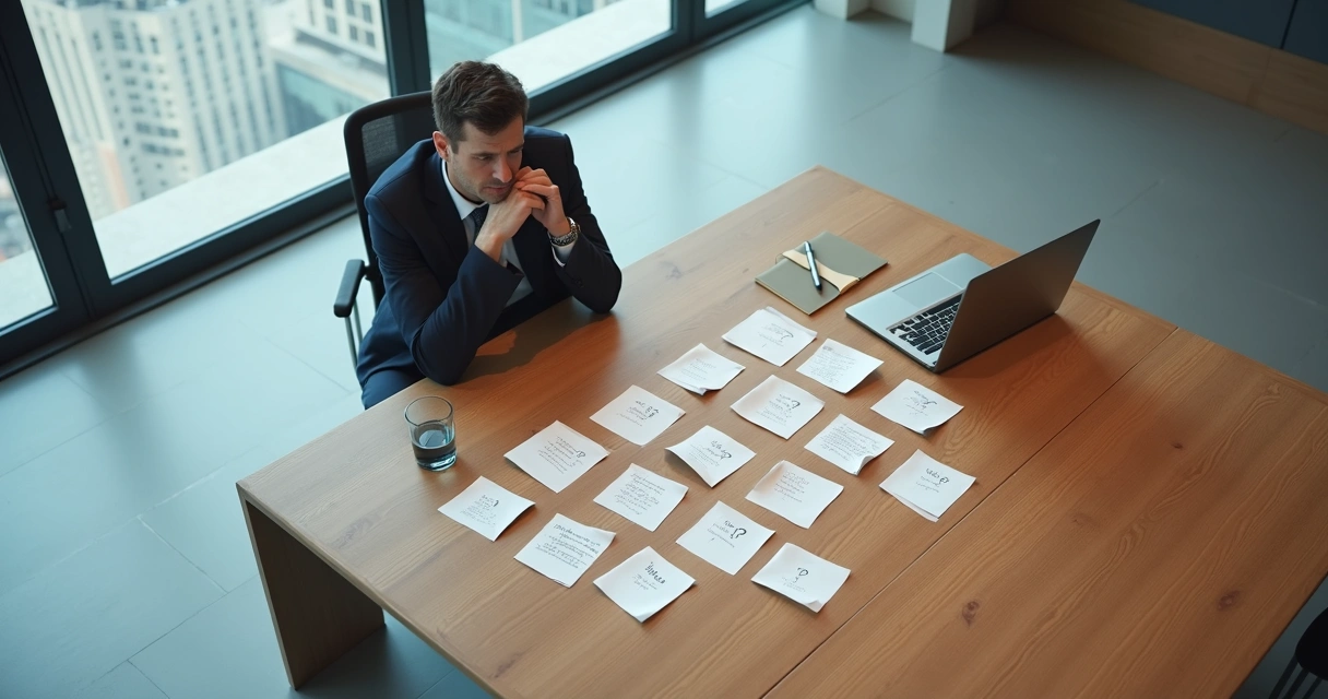 Líder sentado à mesa refletindo com nove perguntas anotadas em papéis ao redor 