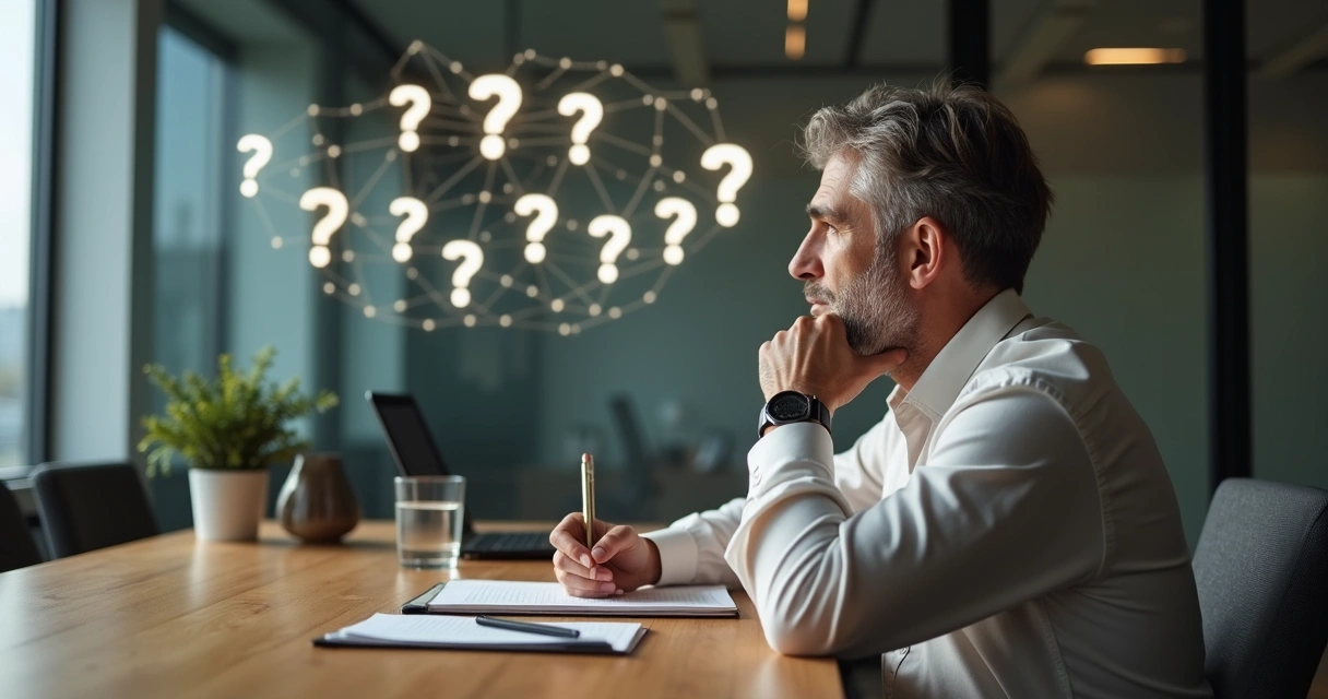 Líder refletindo diante de painel com perguntas e conexões 