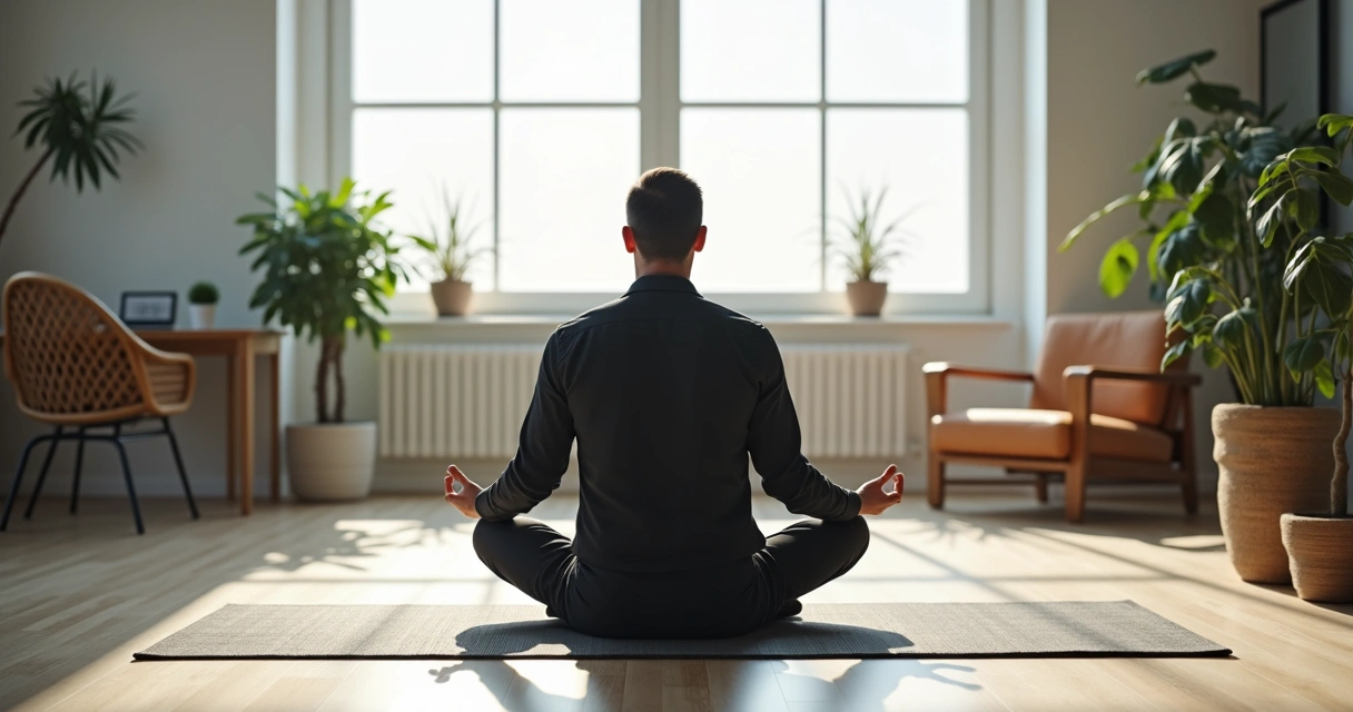 Líder empresarial meditando en oficina moderna 
