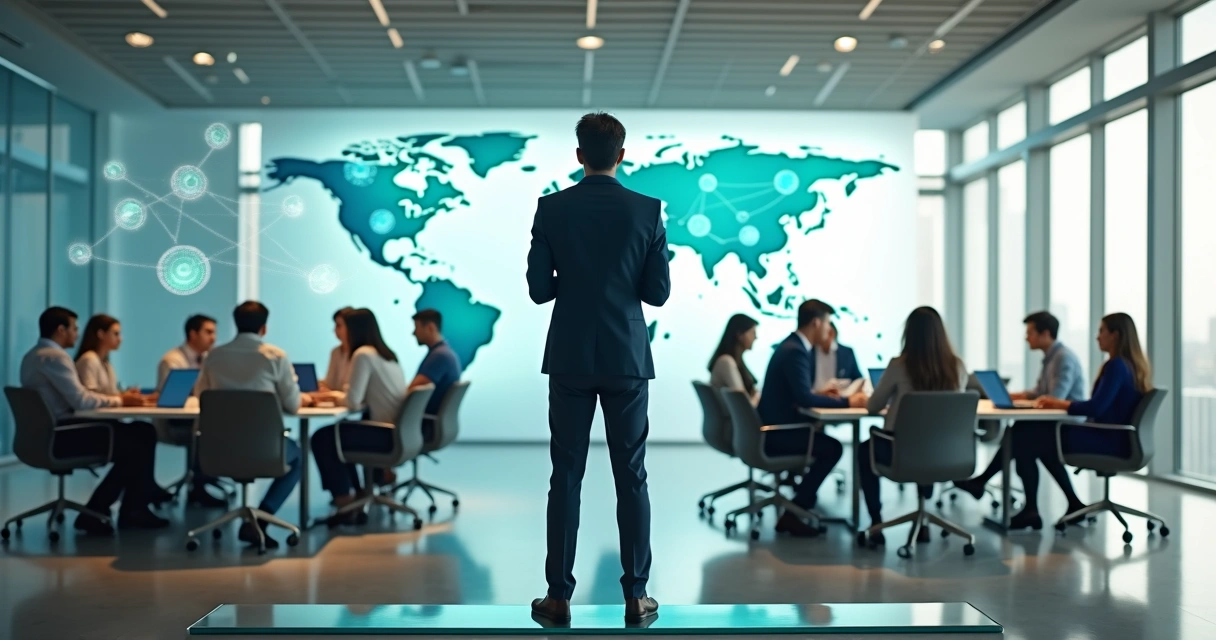 Líder observando equipe conectada em ambiente corporativo futurista 