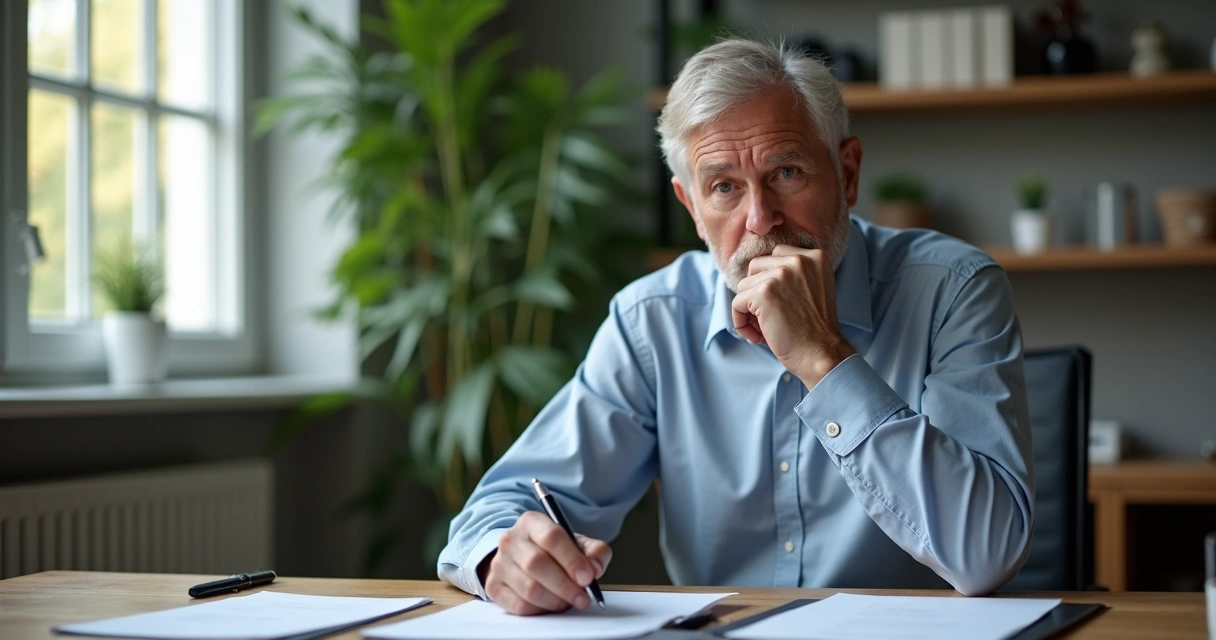Líder sentado refletindo em sua mesa com expressões de autoconhecimento 